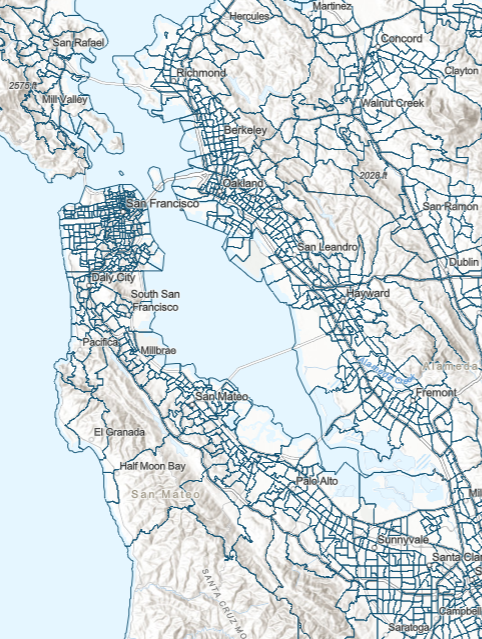 Map of the Bay Area showing census tract boundaries