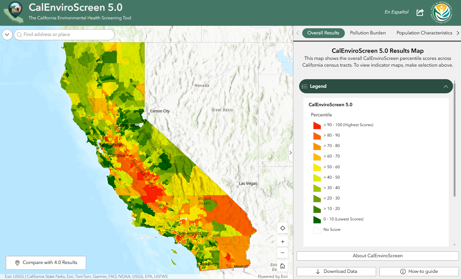 CalEnviroScreen 5.0 map and tool interface