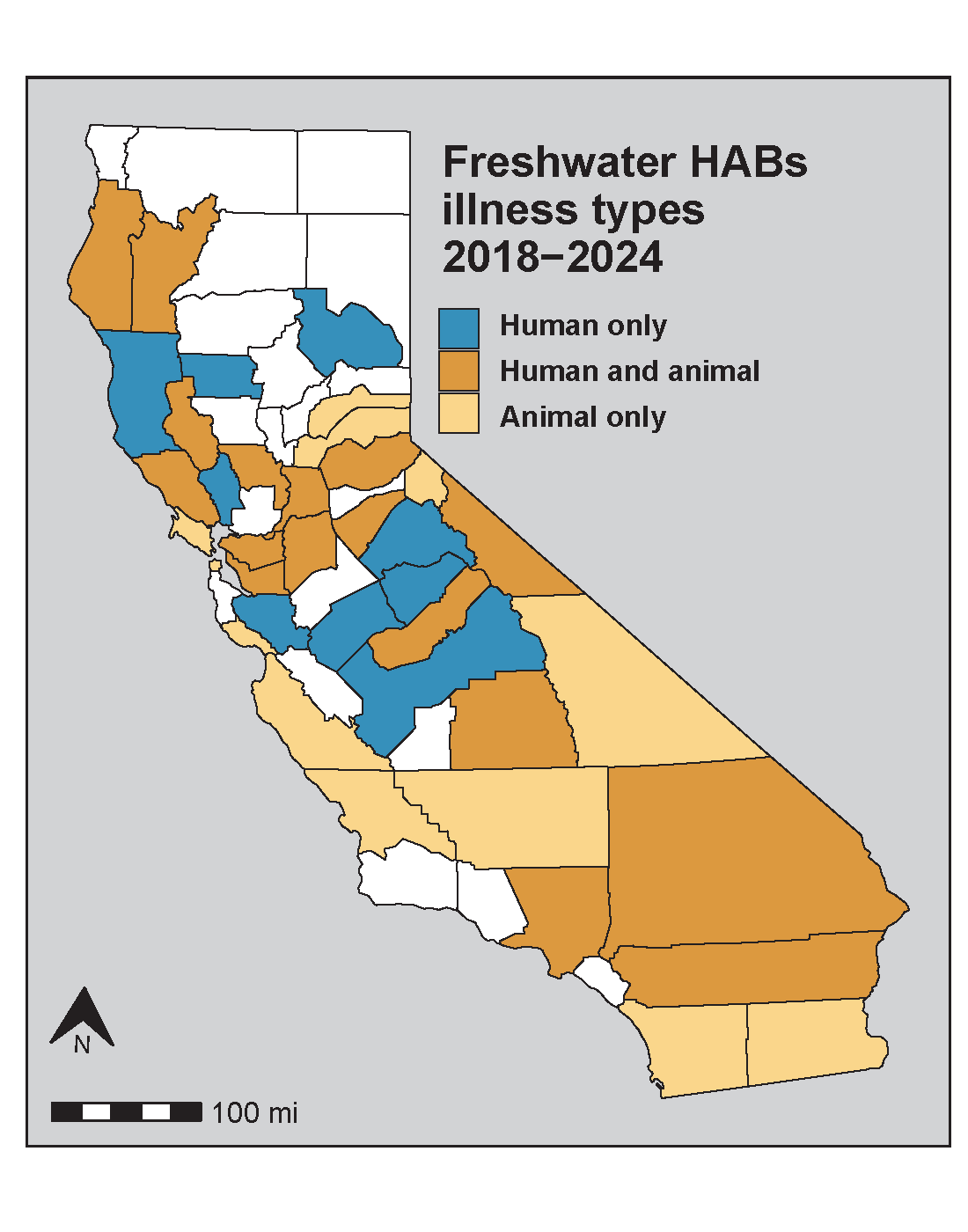 Map of California counties where HAB-related illness incidents were reported to CDC One Health Harmful Algal Bloom System (OHHABs) from 2018 to 2024.