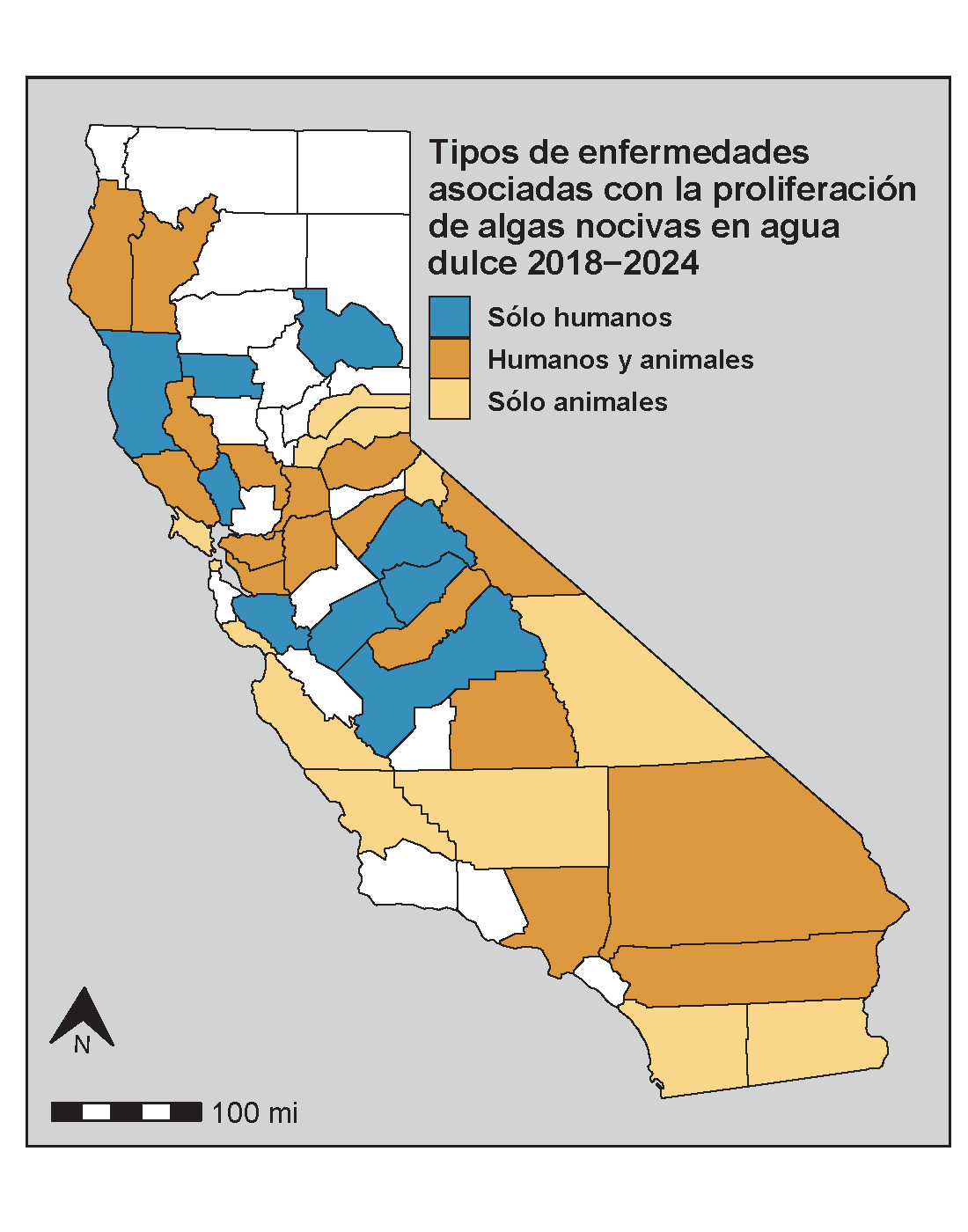 Mapa de los condados de California donde se informaron incidentes de enfermedades asociadas con la proliferación de algas nocivas a los Centros para el Control y la Prevención de Enfermedades a través del sistema One Health Harmful Algal Bloom System (OHHABs) desde 2018 a 2024.