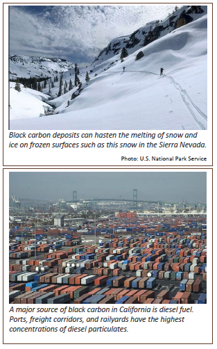 Top photograph is of a snowy Sierra Nevada mountain with two back country skiers. Lower photograph is of the port in Long Beach, California. Many ship containers are waiting to be loaded. Bridge is in background.