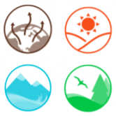 Image of climate change icons: Air, sun, mountains, rolling hills trees with a bird flying across the sky