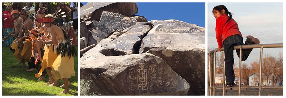 Picture of Native American dancers, petroglyphs, and a girl on a fence