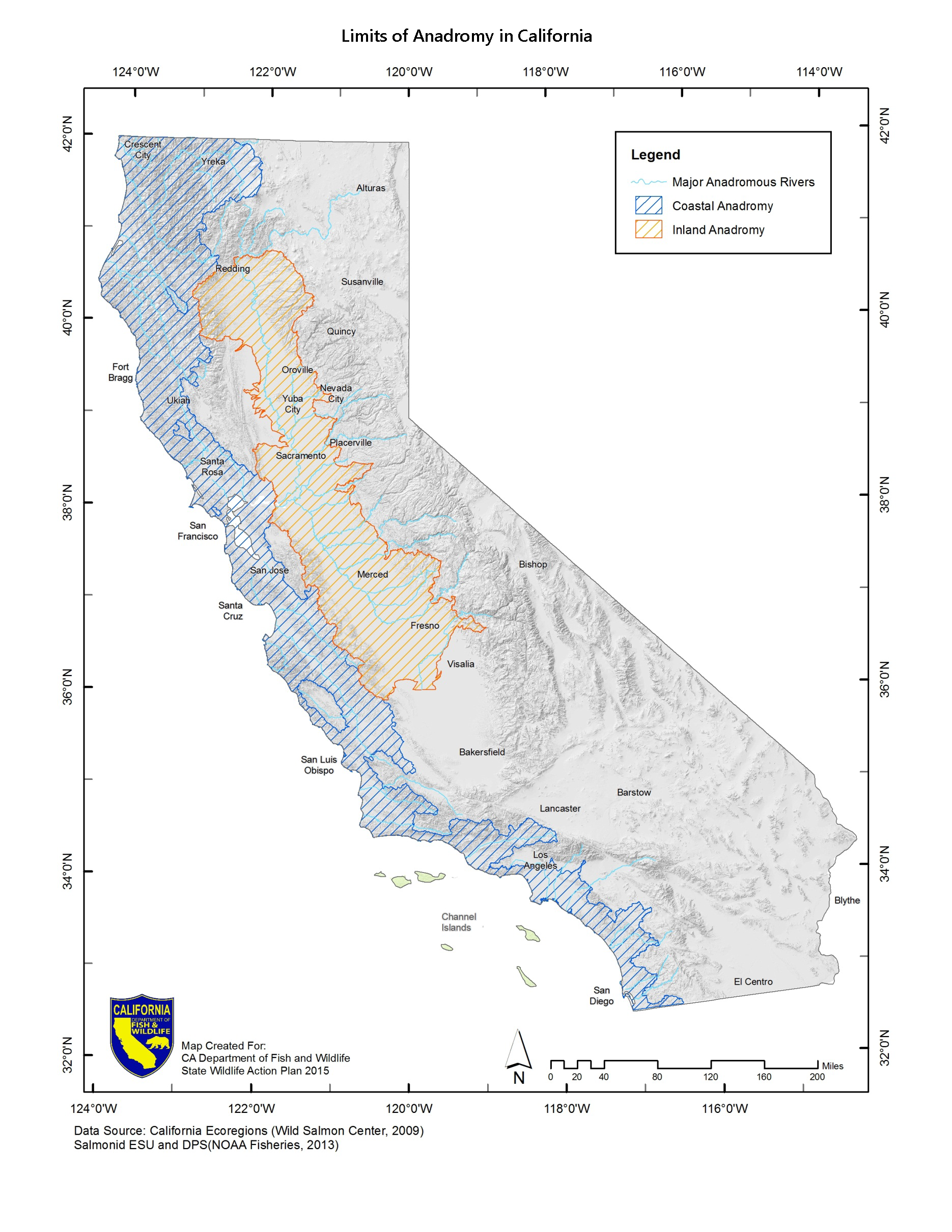 Map of California anadromous waters in coastal watersheds from San Diego to Del Norte counties, San Francisco Bay, Sacramento-San Joaquin Delta, and rivers and streams in the Central Valley.