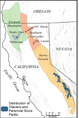 Map of California and Oregon with areas filled in with color to designate the locations of glaciers. 
