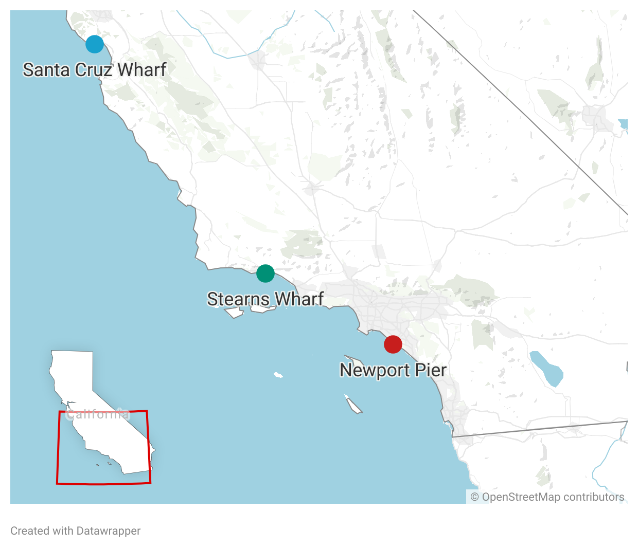 Map of California, with three dots indicating the locations of the three studied shore stations.