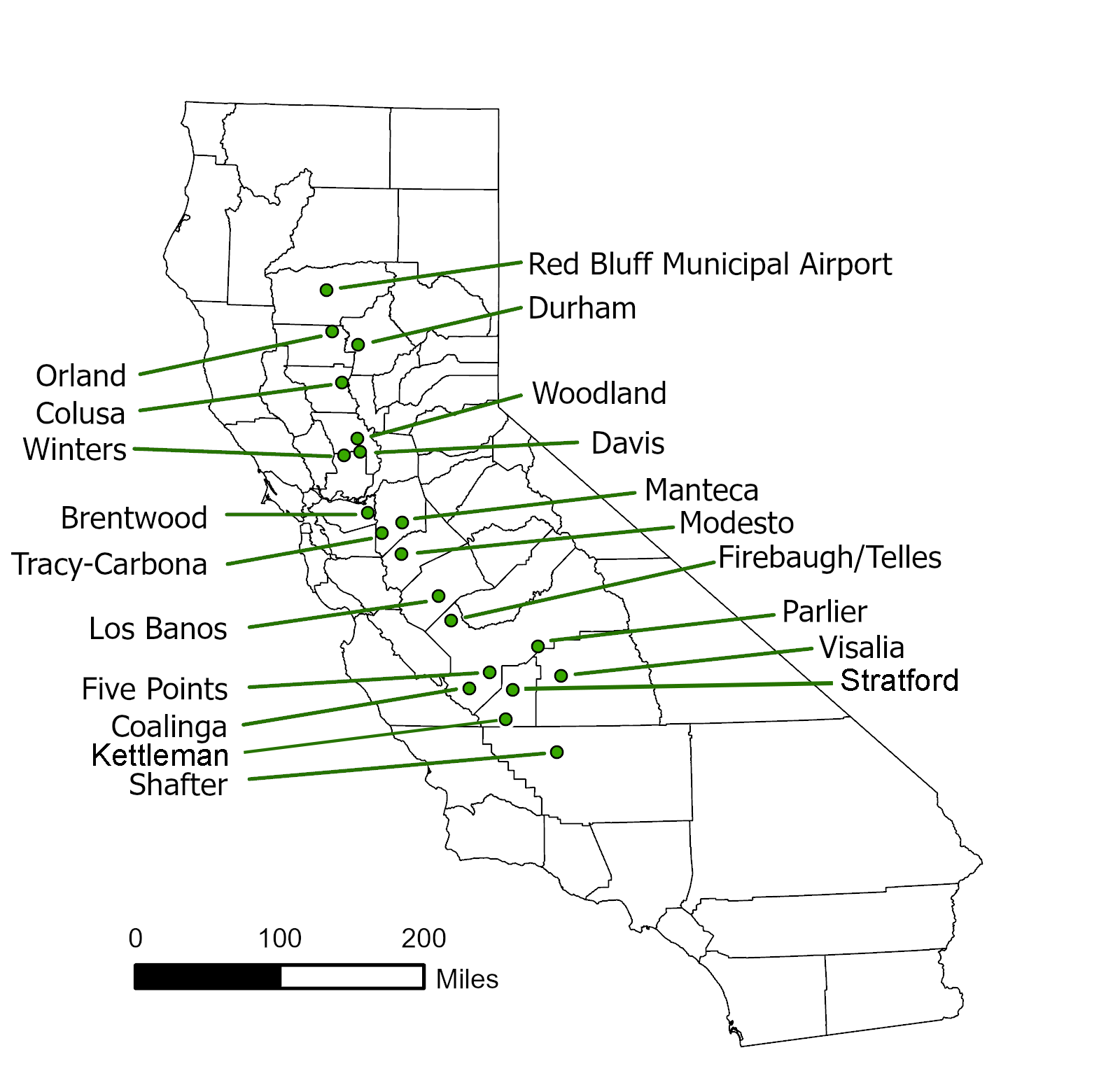 sites of chill sites monitoring, the most northern was Red bluff the most soutern was Shafter