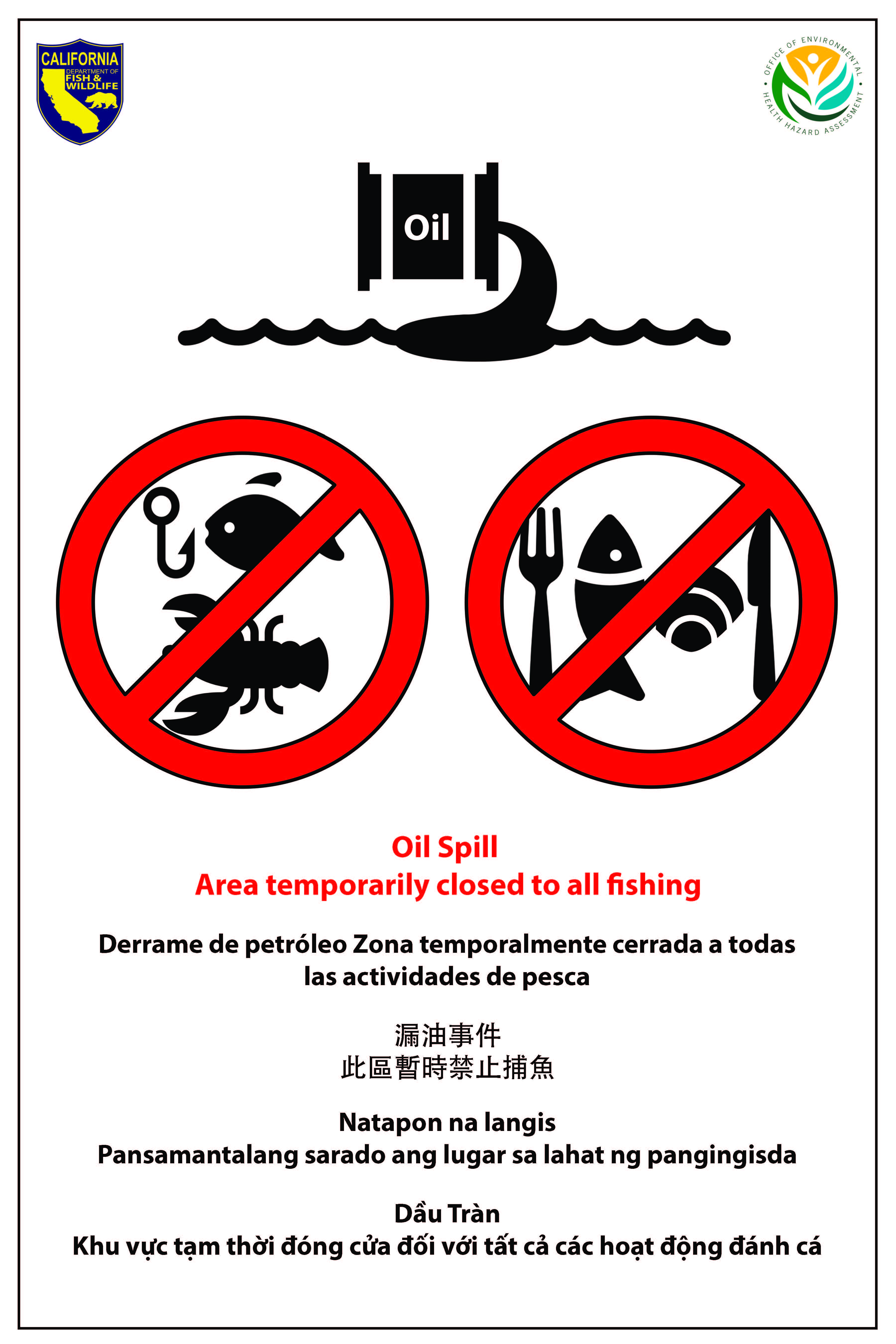 Un letrero declarando que "Derrame de petróleo Zona temporalmente cerrada a todas las actividades de pesca" con imágenes de un pez y un cangrejo, y un pez, un bivalvo, un tenedor y un cuchillo en círculos rojos con barras obliculas.