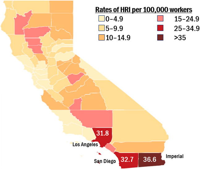 A heat map showing areas in CA that are getting hotter faster over time have the largest increase in illness.  Discussed in detail in text.
