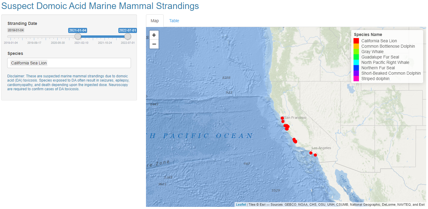 Southern California Coastal Ocean Observing System interactive tool for suspected domoic acid marine mammal strandings
