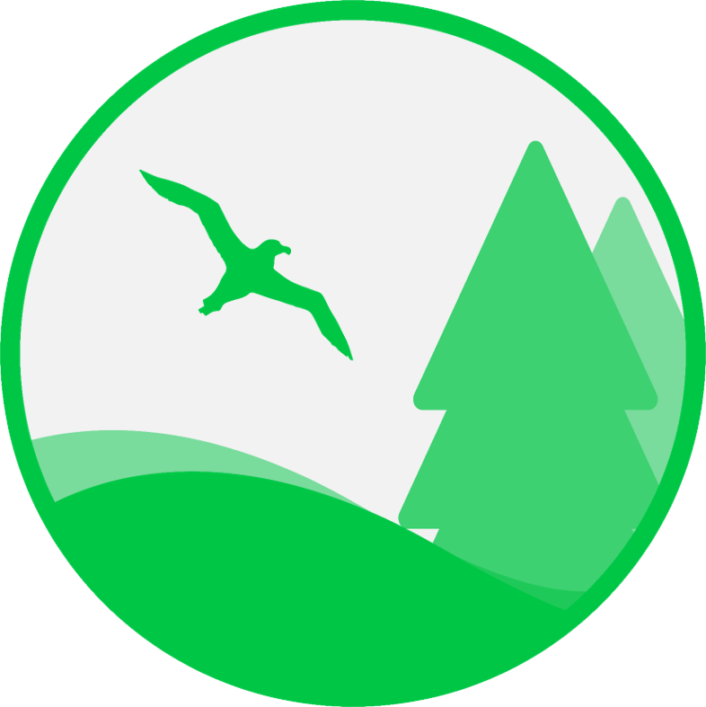 Biological impacts icon - Sweeping hillside with two trees with a silhouette of a bird in the sky