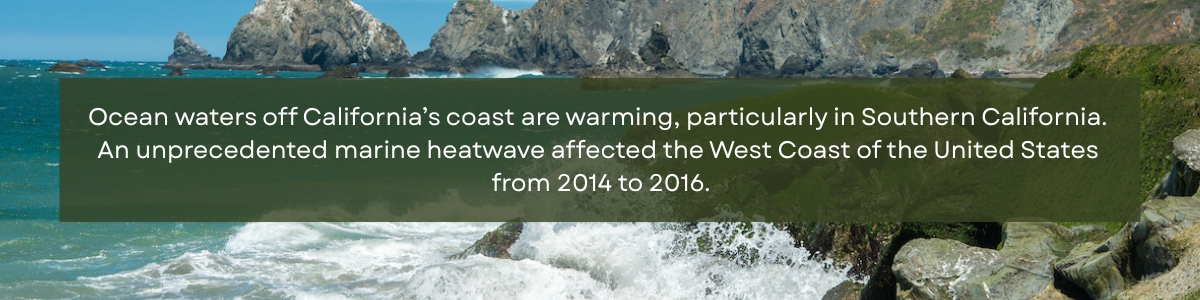 Ocean shore cliffs in the background with text in the foreground that says "Ocean waters off California's coast are warming, particularly in Southern California. An unprecedented marine heatwave affected the West Coast of the United States from 2014 to 2016."