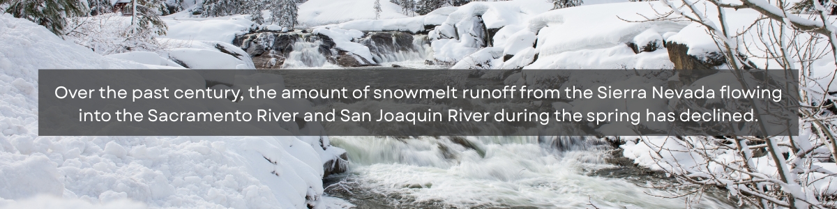 Snowy streambank in the background with text in the foreground that says "Over the past century, the amount of snowmelt runoff from the Sierra Nevada flowing into the Sacramento River and San Joaquin river during the spring has declined."