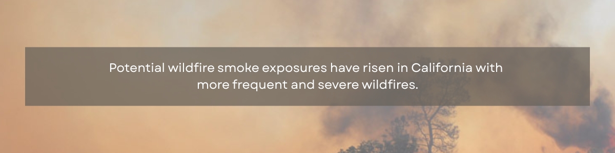 Wildfire smoke billowing above a treeline in the background with text in the foreground that says "Potential wildfire smoke exposures have risen in California with more frequent and severe wildfires."