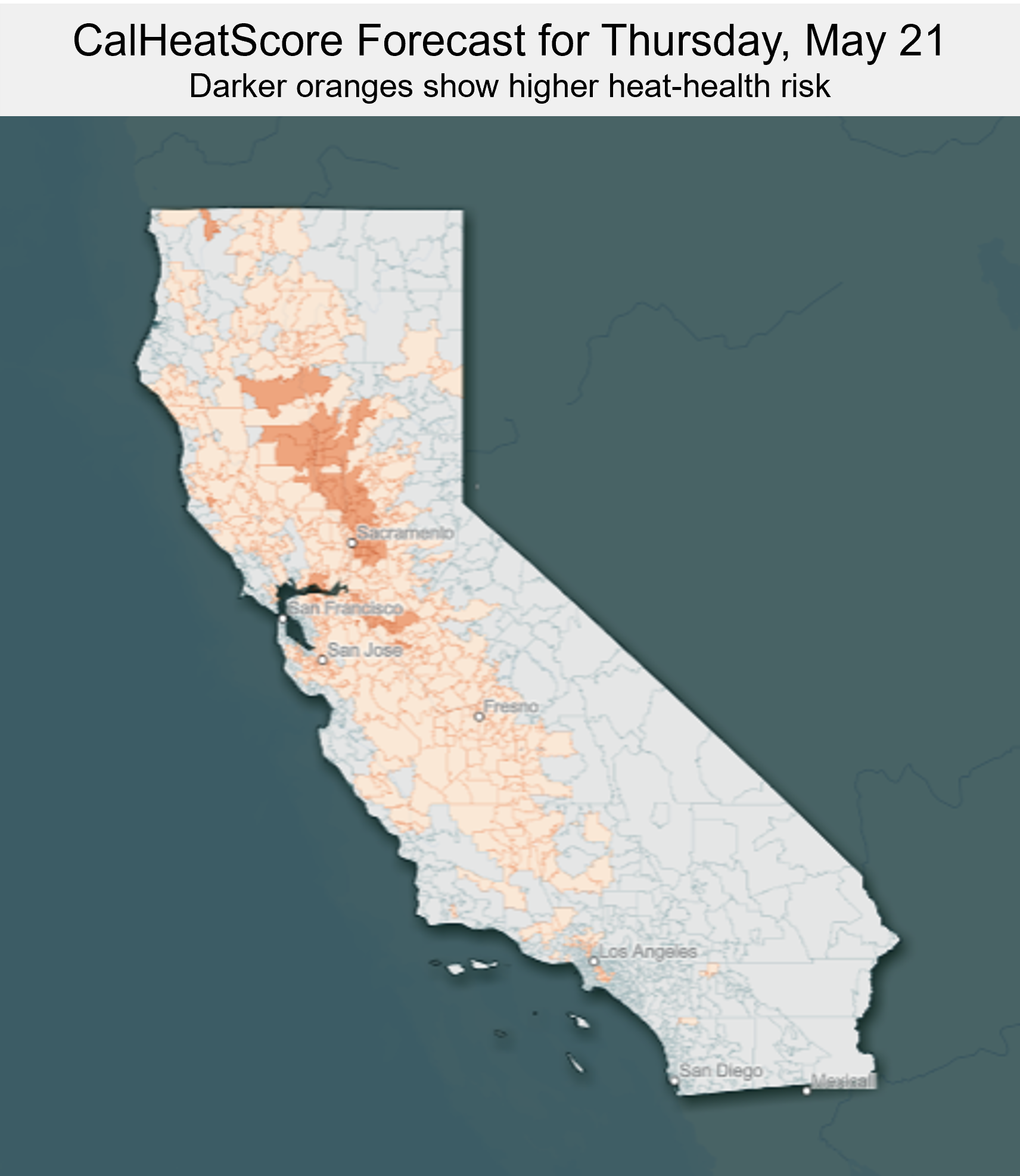 California map with CalHeatScore forecasted for May 21, 2026
