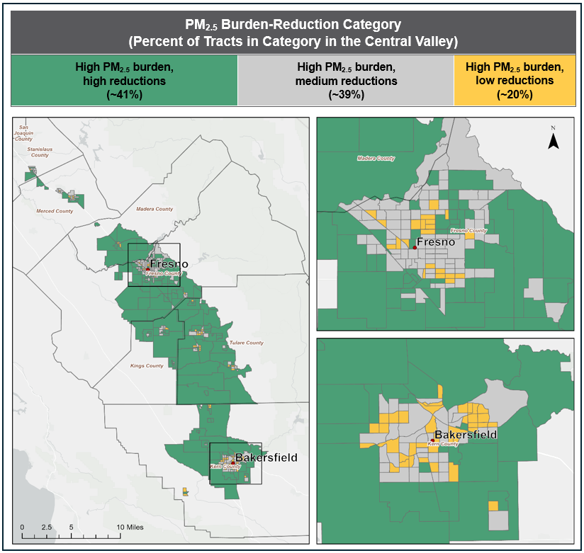 Map showing the high burden census tracts in the Central Valley. Tracts with high reductions (top 25%) are shown in green, tracts with low reductions (bottom 25%) are shown in yellow, and tracts with mid-level reductions (middle 50%) are shown in grey. Further description in the text below the map.