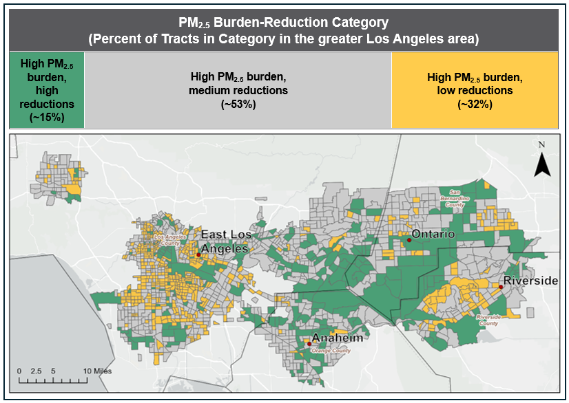 Map showing the high burden census tracts in the greater Los Angeles area. Tracts with high reductions (top 25%) are shown in green, tracts with low reductions (bottom 25%) are shown in yellow, and tracts with mid-level reductions (middle 50%) are shown in grey. Further description in the text below the map.
