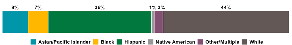 Bar chart showing PM 2.5 reductions stratified by percentage in racial and ethnic groups. Asian/Pacific Islander = 9%, Black = 7%, Hispanic = 36%, Native American = 1%, Other/Multiple = 3%, White = 44%.