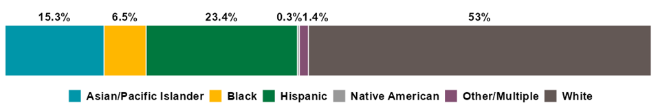 Bar chart showing mortality reductions stratified by percentage in racial and ethnic groups. Asian/Pacific Islander = 15.3%, Black = 6.5%, Hispanic = 23.4%, Native American = 0.3%, Other/Multiple = 1.4%, White = 53%.