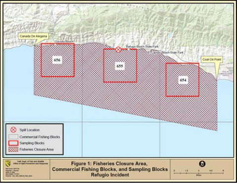 Closure areas for the Refugio Beach oil spill in Santa Barbara