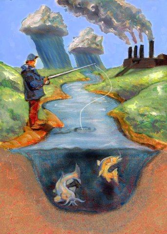 Angler fishing in a river with smokestack and rain clouds in the background. 