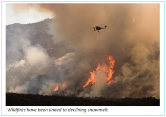 A helicopter drops water on a wildfire in California. Flames can be seen running up the hillside.