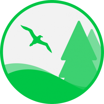 Vegetation and Wildlife impacts icon - Sweeping hillside with two trees with a silhouette of a bird in the sky