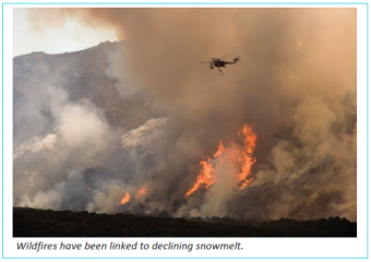 A helicopter drops water on a wildfire in California.  Flames can be seen running up the hillside.